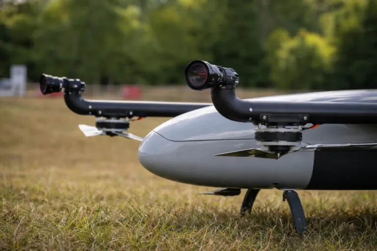 Primer plano de un dron E455 con sensores, utilizado por la Guardia Estatal de Florida en operaciones de emergencia