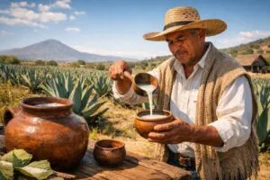 Recipiente de barro con pulque, magueyes y productor rural en paisaje mexicano, simbolizando cultura y economía sustentable