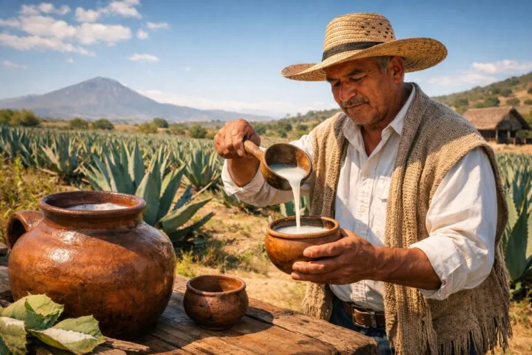 Recipiente de barro con pulque, magueyes y productor rural en paisaje mexicano, simbolizando cultura y economía sustentable