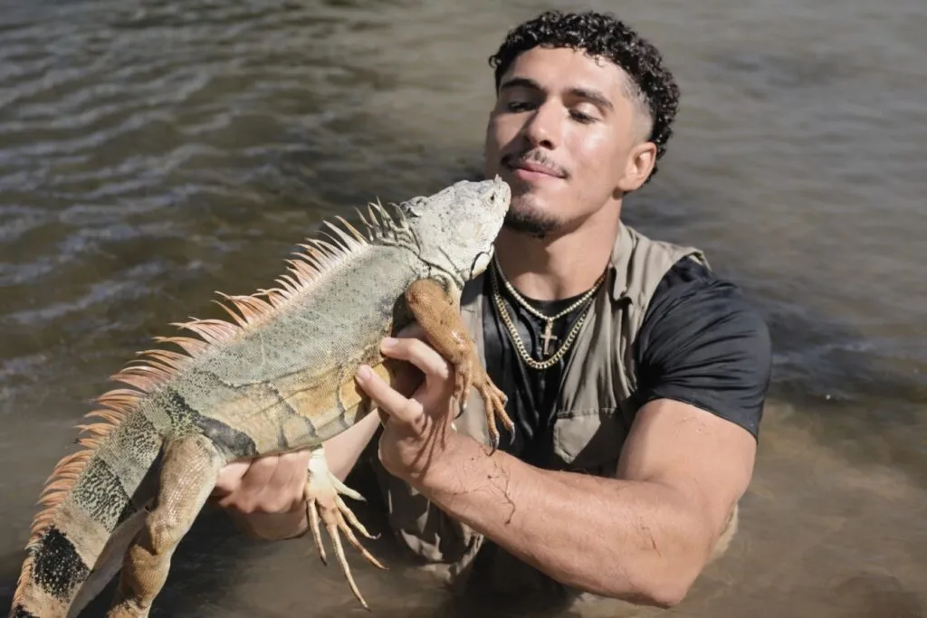 Hombre hispano sosteniendo una iguana en Florida, representando fauna invasora y emprendimiento latino