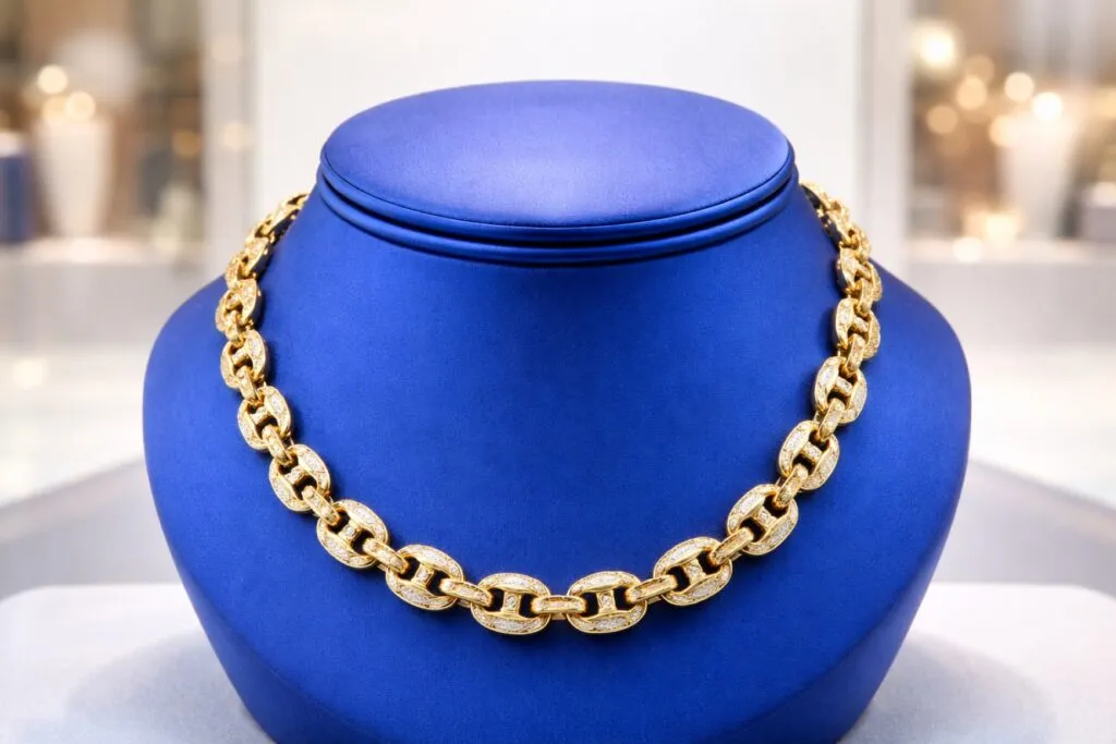 Collar dorado sobre pedestal azul en escaparate de joyería de lujo en Miami, estilo moderno y fotorealista