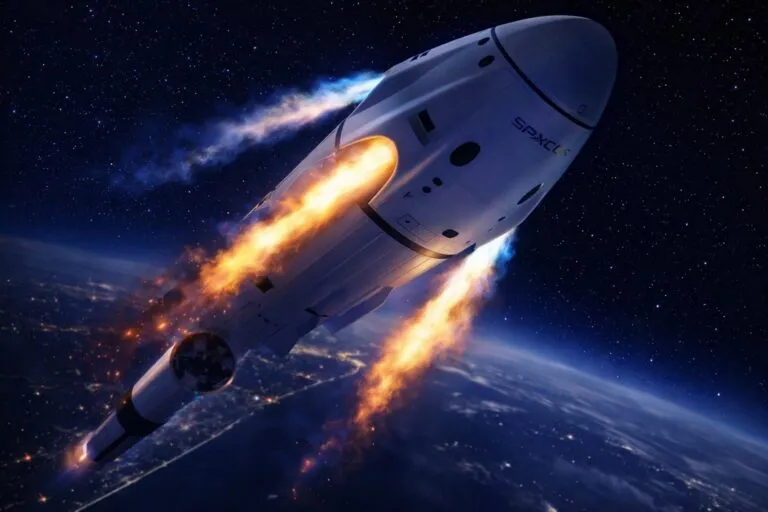 Falcon 9 de SpaceX lanzándose de noche desde Cabo Cañaveral, cielo estrellado sobre Florida