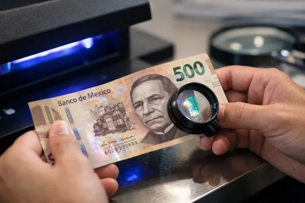 Manos verificando billetes mexicanos con elementos de seguridad visibles para prevenir billetes falsos.