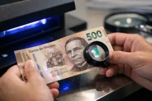 Manos verificando billetes mexicanos con elementos de seguridad visibles para prevenir billetes falsos.