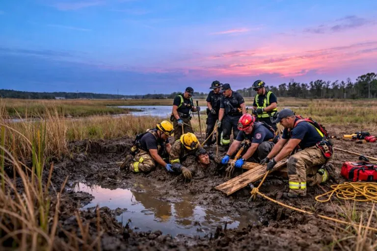 Equipos de emergencia trabajando en terreno inestable durante rescate en Florida relacionado con arenas movedizas