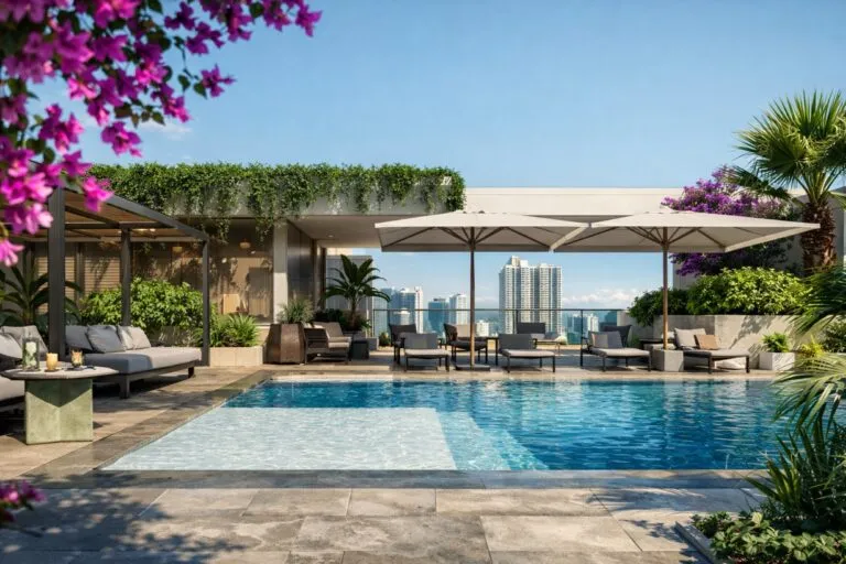 Render del desarrollo inmobiliario House of Wellness Brickell con vista a la ciudad y amenidades wellness en Miami