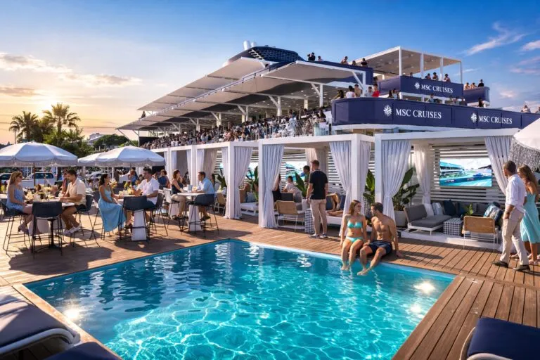 Vista panorámica de la estructura de superyate VIP en el circuito del Gran Premio de Miami con espectadores y ambiente de lujo