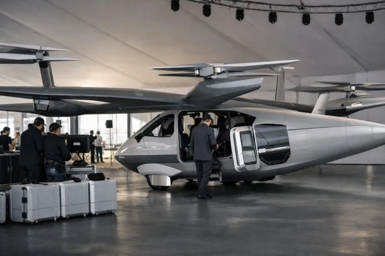 Vista aérea de Miami con eVTOL taxis voladores eléctricos operando sobre la ciudad en un concepto futurista y sostenible