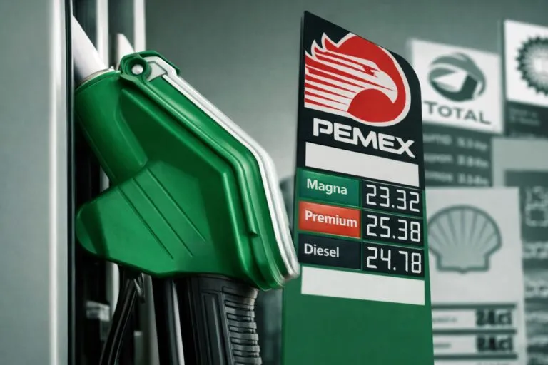 Manguera de gasolina verde en estación PEMEX en México mostrando precios de Magna, Premium y Diesel
