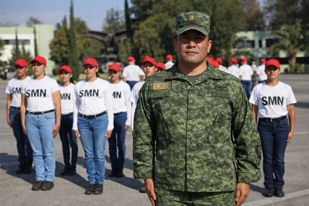 Jóvenes mexicanos marchando con uniforme de SMN como parte del nuevo servicio militar de tres meses en México