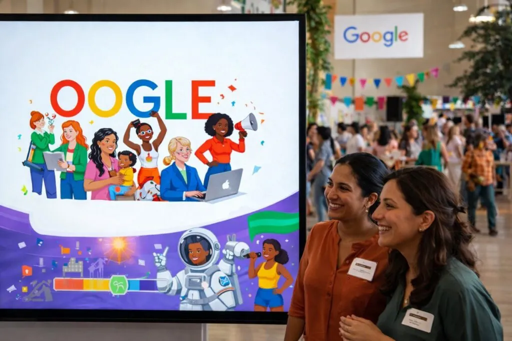 Ilustración del Doodle Google que destaca avances de mujeres y reflexión digital