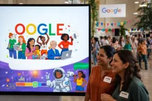 Ilustración del Doodle Google que destaca avances de mujeres y reflexión digital