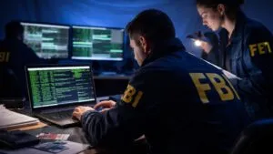 Agentes federales investigando dispositivos electrónicos en caso de red de fraude