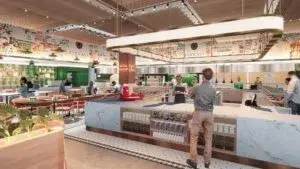 Food hall italiano en Coral Gables con estaciones gastronómicas y mercado gourmet