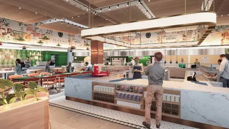 Food hall italiano en Coral Gables con estaciones gastronómicas y mercado gourmet