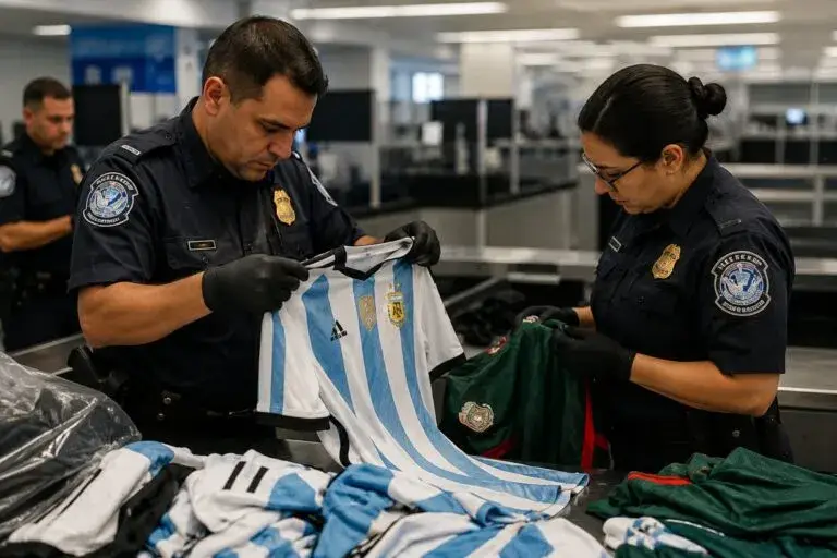 Camisetas del Mundial auténticas y falsificadas bajo revisión de autoridades en Miami durante el Mundial 2026
