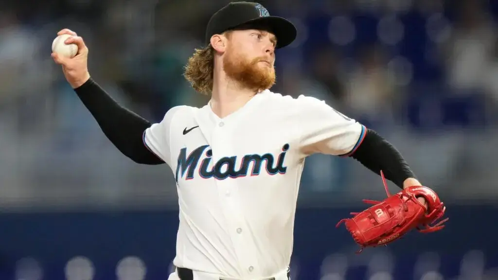 Max Meyer durante su apertura con los Marlins frente a los Cardenales de San Luis
