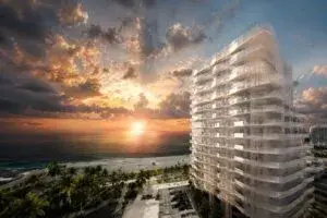 Torre residencial Miami diseñada por Kengo Kuma con arquitectura sostenible frente al océano en Miami Beach.