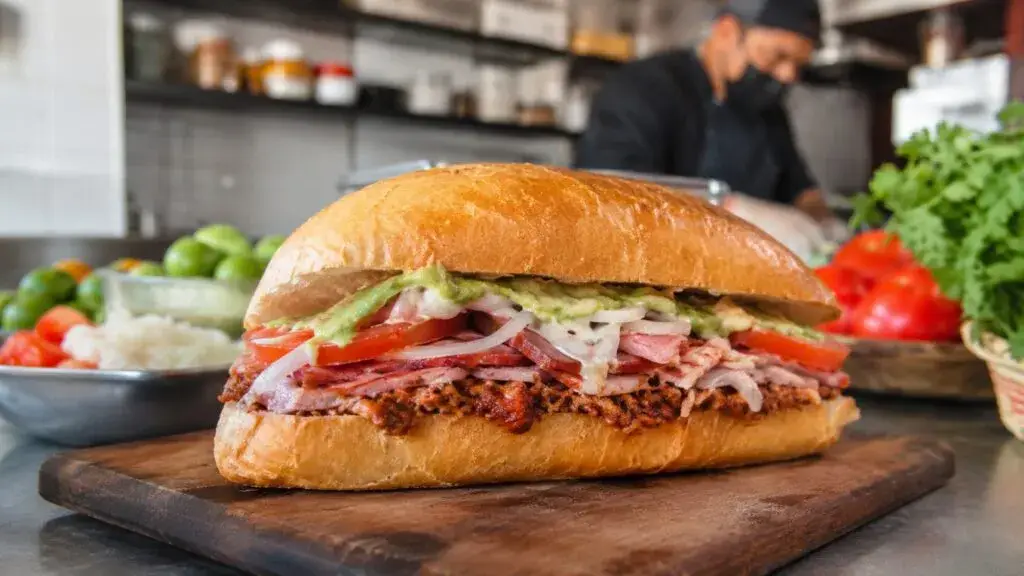 Tortachampions con una torta mexicana artesanal en un entorno gastronómico tradicional de Ciudad de México.Tortachampions con una torta mexicana artesanal en un entorno gastronómico tradicional de Ciudad de México.