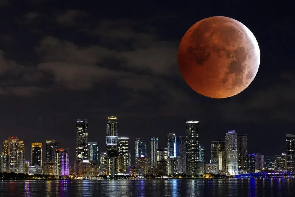 Eclipse lunar en Miami cubre cerca del 94 por ciento de la Luna sobre el cielo nocturno de Florida