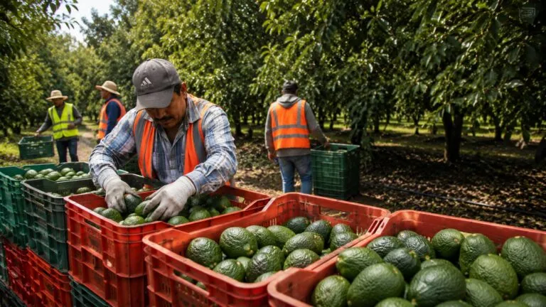 Productores de aguacate en Michoacán durante labores de cosecha para exportación a Estados Unidos con seguridad reforzada