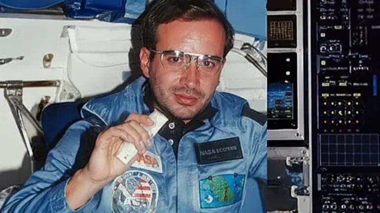 Astronauta dentro de una nave espacial sosteniendo una tortilla preparada con alimentos, con equipamiento científico visible al fondo.