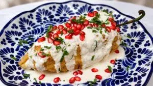 Chiles en nogada en Oaxaca servidos con granada y perejil durante las fiestas patrias.
