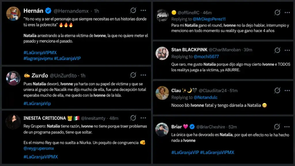 Selección de siete comentarios en X sobre el enfrentamiento entre Natalia Alcocer e Ivonne Montero. Las publicaciones reúnen opiniones favorables a Natalia y críticas a la insistencia en conflictos de La Casa de los Famosos.