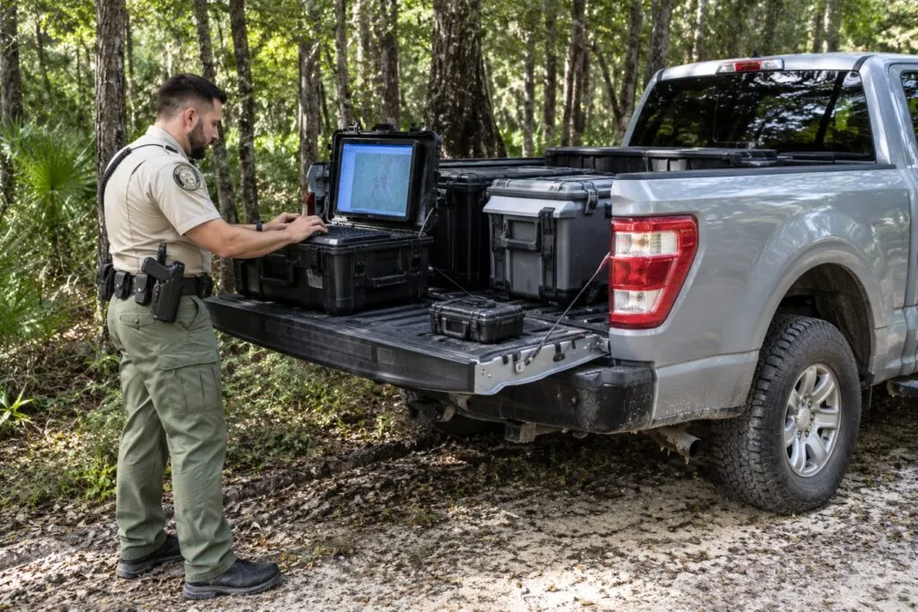 Agente de la FWC junto a un vehículo oficial durante una operación relacionada con registros privados y activistas ambientales de Florida.