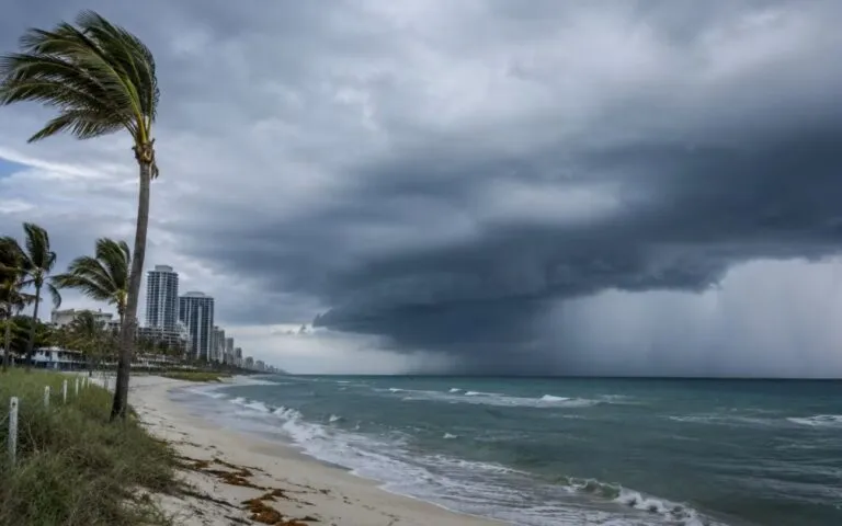 Clima en Miami con lluvias intensas, calles mojadas y riesgo de inundaciones urbanas en sectores del sur de Florida.